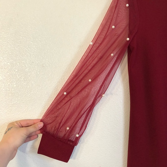 Burgundy Red Mesh White Pearl Long Sleeve Dress - Picture 8 of 13